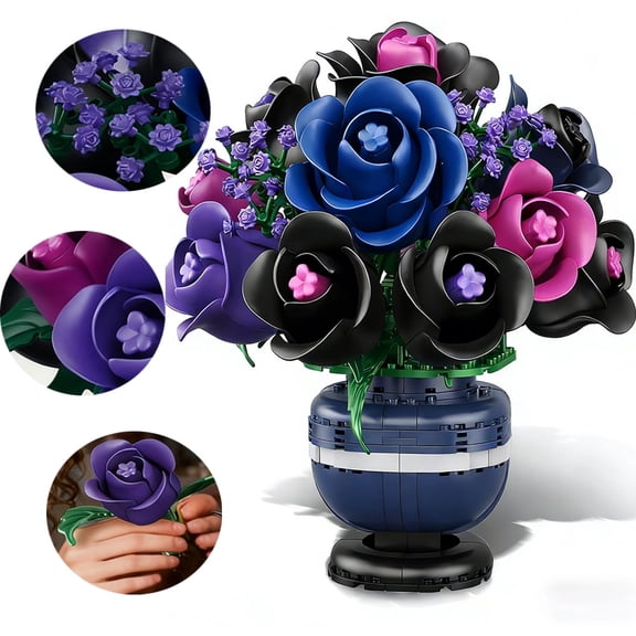 Black Rose Bouquet Interlocking Block Building Set, 1129 Pieces Valentine Birthday Gifts for Kids and Adults Aged 6