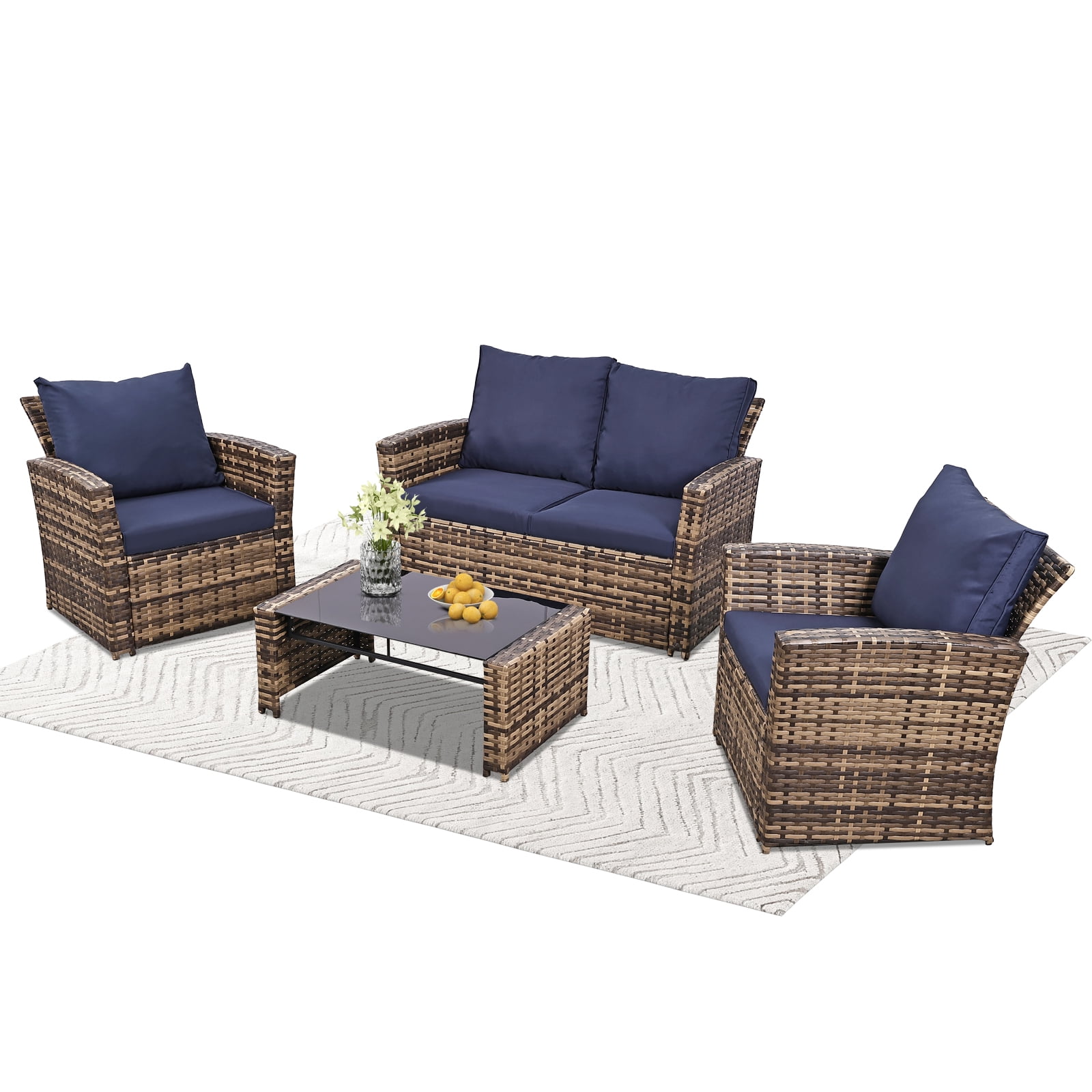 4 Piece Outdoor Patio Furniture Set,Wicker Conversation Sets Outdoor Sectional Patio Sofa Couch with Cushions & Coffee Table for Outside, Garden, Balcony, Porch,Yellow/Blue