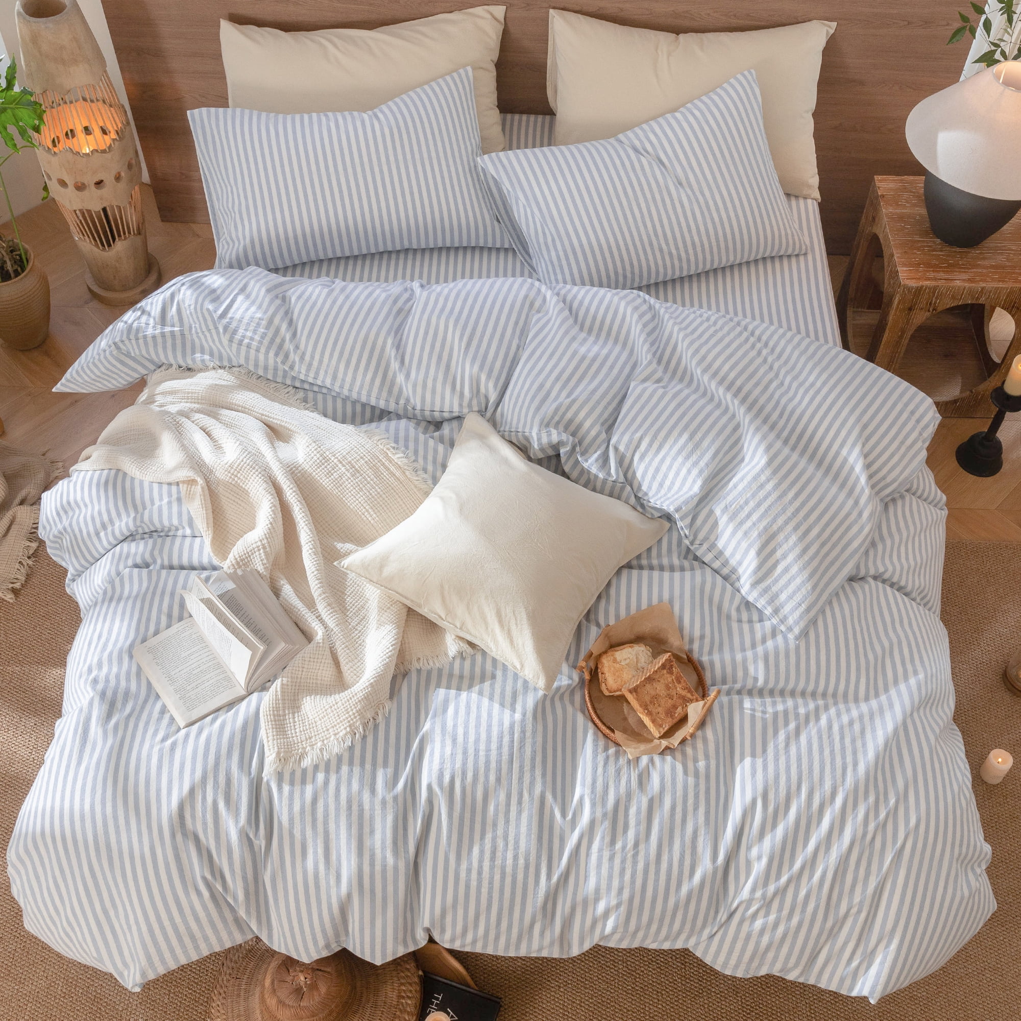 MooMee Striped Duvet Cover Set Full 100% Washed Cotton Linen Like Textured Breathable 3-Piece (Cornflower Blue& White Classic Stripes)