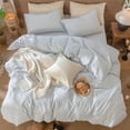 thumbnail image 6 of MooMee Striped Duvet Cover Set Queen 100% Washed Cotton Linen Like Textured Breathable 3-Piece (Cornflower Blue& White Classic Stripes, 90"x90"), 6 of 6