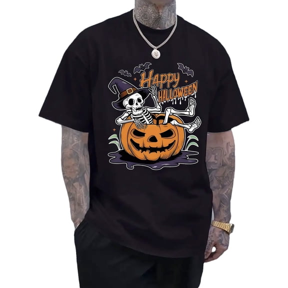 mens black halloween t shirt short sleeve crewneck with skeleton jack o lantern design happy pumpkin bat fit for costume parties trick or treat outdoor activities