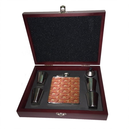 

KuzmarK 6 oz. Leather Flask Set in Rose Wood Presentation Box - Donuts Doughnuts