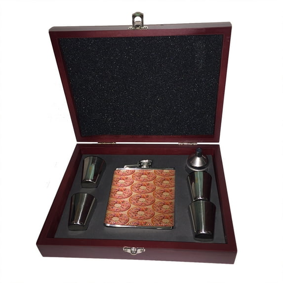 KuzmarK 6 oz. Leather Flask Set in Rose Wood Presentation Box - Donuts Doughnuts
