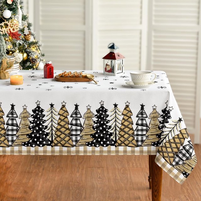 Christmas Tablecloth 60×104 Inch Rectangular, Christmas Trees Buffalo Plaid Beige Washable Table Cover for Party Picnic Dinner Decor