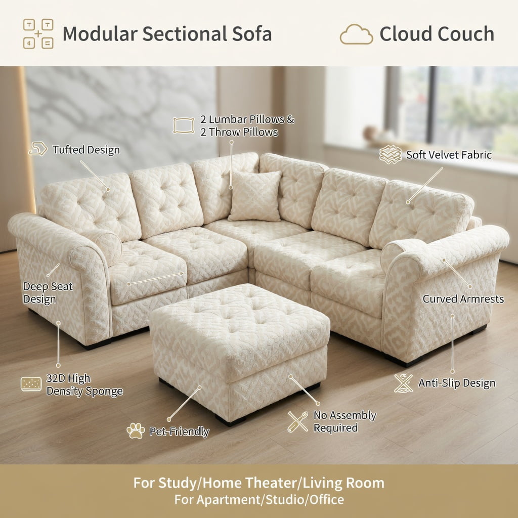 Hommoo 131" Leopard Print Chenille L-Shaped Sofa Set with Movable Ottoman, Tassel Trim & Ergonomic Deep Seat, Modern Living Room Sectional, Beige