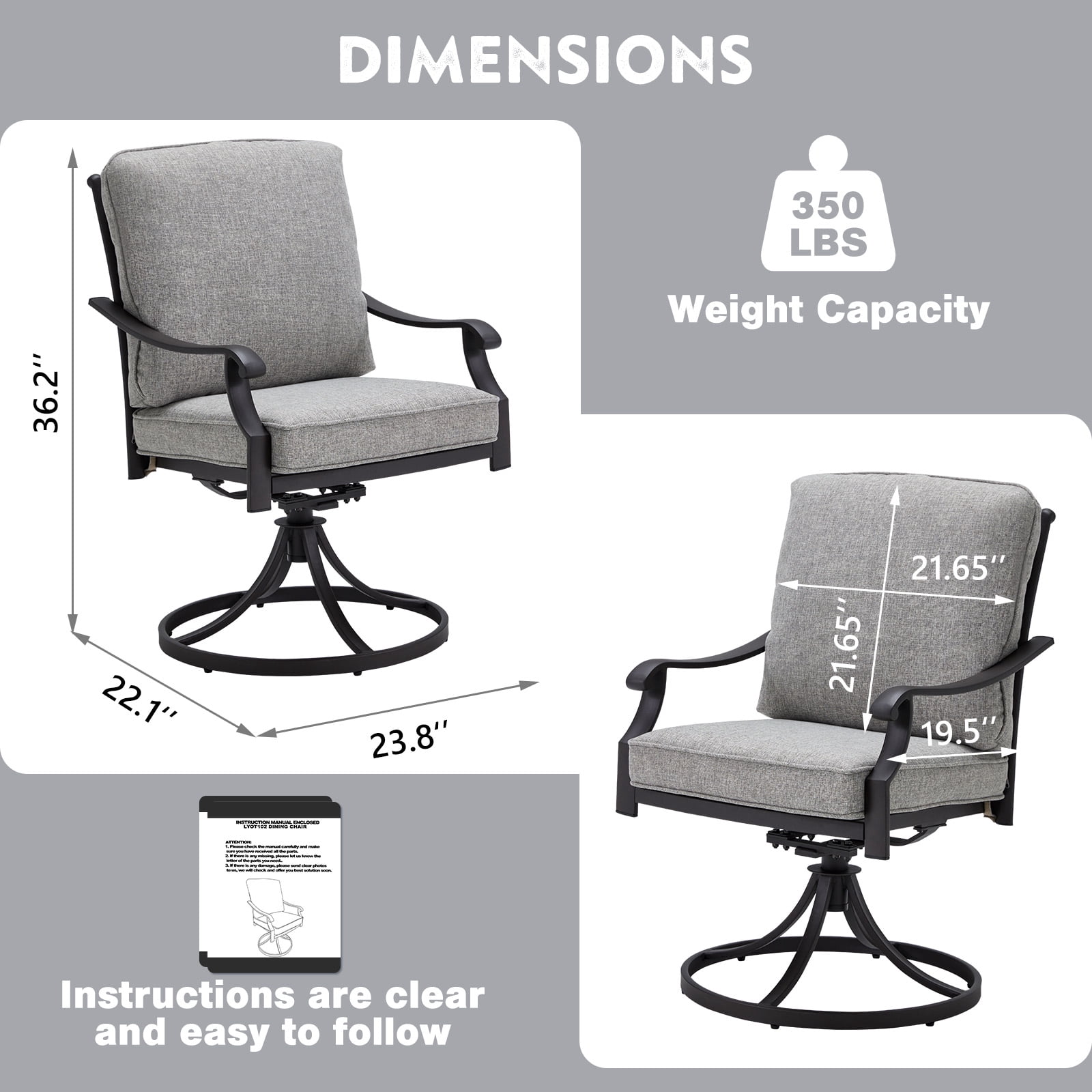 MELLCOM Patio Swivel Chair Set of 2, Heavy Duty Outdoor Dining Chairs with Thickened Cushions, Metal Patio Chairs Gentle Rocker for Outside, Garden Lawn & Porch, Backyard, Grey