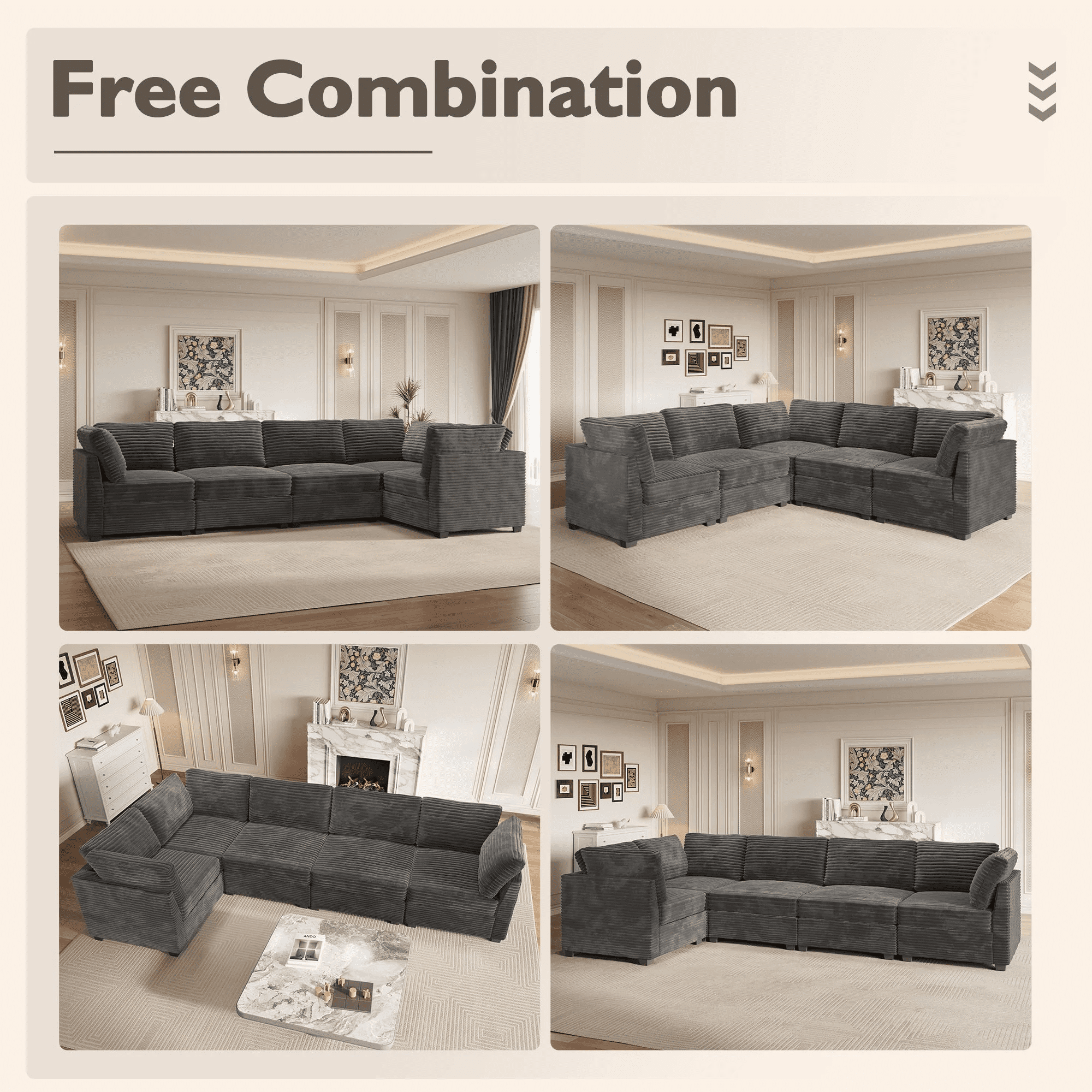 Vcatnet 130.7" Modular Sectional Sofa Cloud Couch Corduroy L Shaped Oversized Modern Minimalist Couch with Deep Seat for Living Room, 5 Seat, Gray