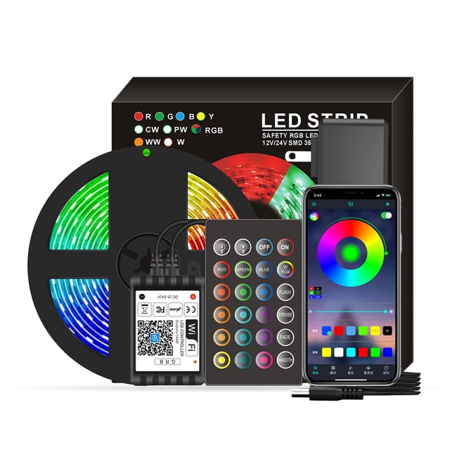 Yeacher Smart Wifi LED RGB Strip Lights IP65 Waterproof 16.4ft. 5050 Color Changing Lights with Voice & APP & 24 Keys Remote Control Tape Lights Christmas Decoration Light for Home Party Festival