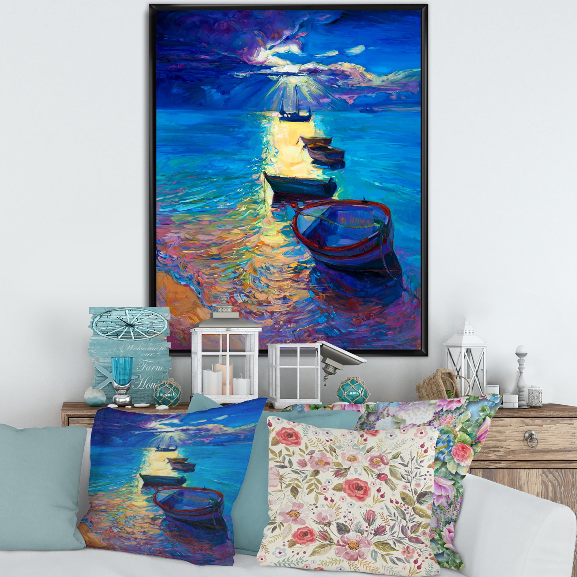 Fishing Boats On The Water With Dark Blue Sky Illustration 24 in x 32 in Framed Painting Canvas Art Print, by Designart