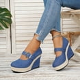 thumbnail image 6 of Blue Womens Plus Size Summer Shallow Mouth Wedge Heel Casual Shoes Solid Color Buckle Strap High Heel Waterproof Platform Denim For Outdoor Activities, 6 of 9