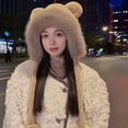 thumbnail image 5 of vnanda Women Winter Fuzzy Plush Earflap Hat Cute Cartoon Bear Ears Pompom Chin Strap Windproof Thermal Beanies, 5 of 10