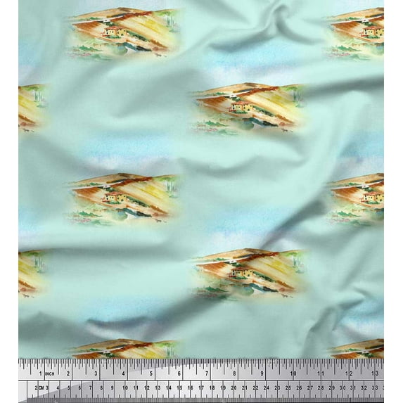 Soimoi Green Cotton Duck Fabric House & Landscape Nature Printed Fabric 1 Yard 42 Inch Wide