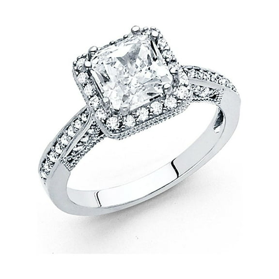 Princess CZ Vintage Halo Engagement Ring 14k White Gold Anniversary Square CZ Band Side Stones Size 7