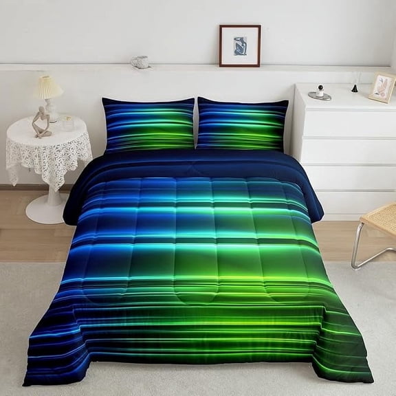 Blue Green Ombre Bedding Set Toddler for Kids Toddler, Blue Green and Black Comforter Gradient Lines Comforter Set Geometric Abstract Ombre Duvet Set Lightweight Quilt Set