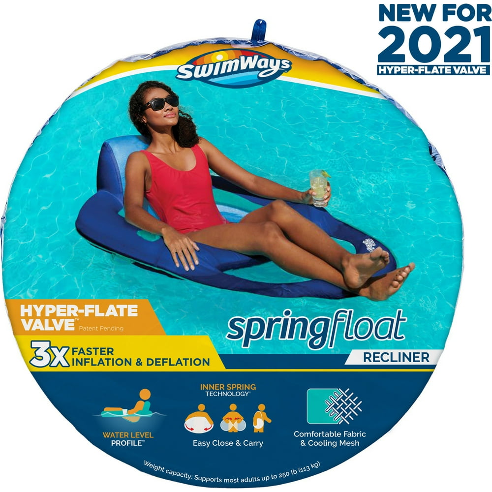 SwimWays Spring Float Recliner Pool Lounger with Hyper-Flate Valve, Inflatable Pool Float, Blue