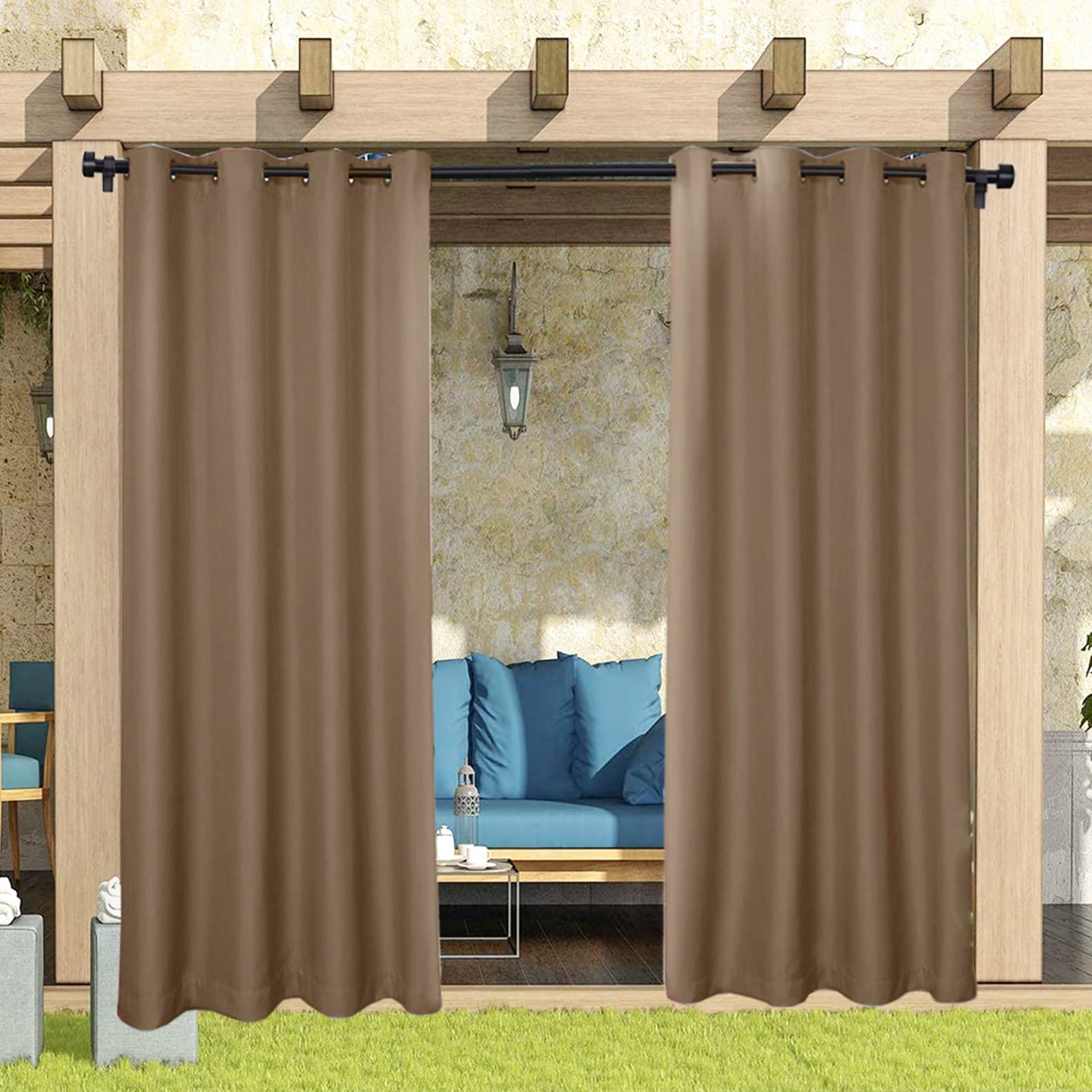 SHANNA Indoor/Outdoor Curtains - Grommet Top Waterproof Windproof Privacy Blackout Drapes for Garden Porch Gazebo Patio, Brown, 52*108 in, 4 Panel