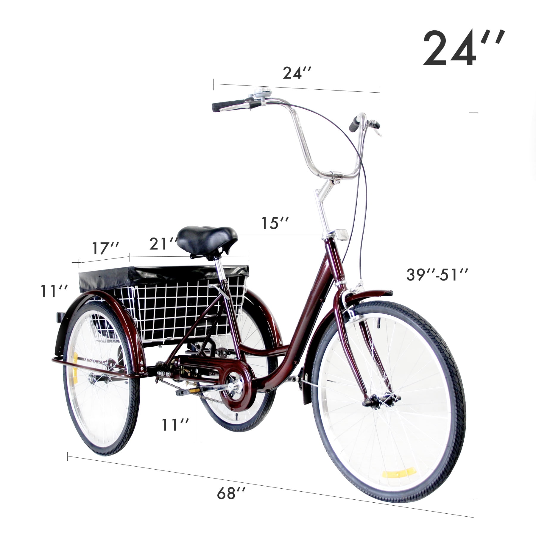 24" Adult Tricycle w/ Basket Brake & Fenders for Shopping & Outing RED