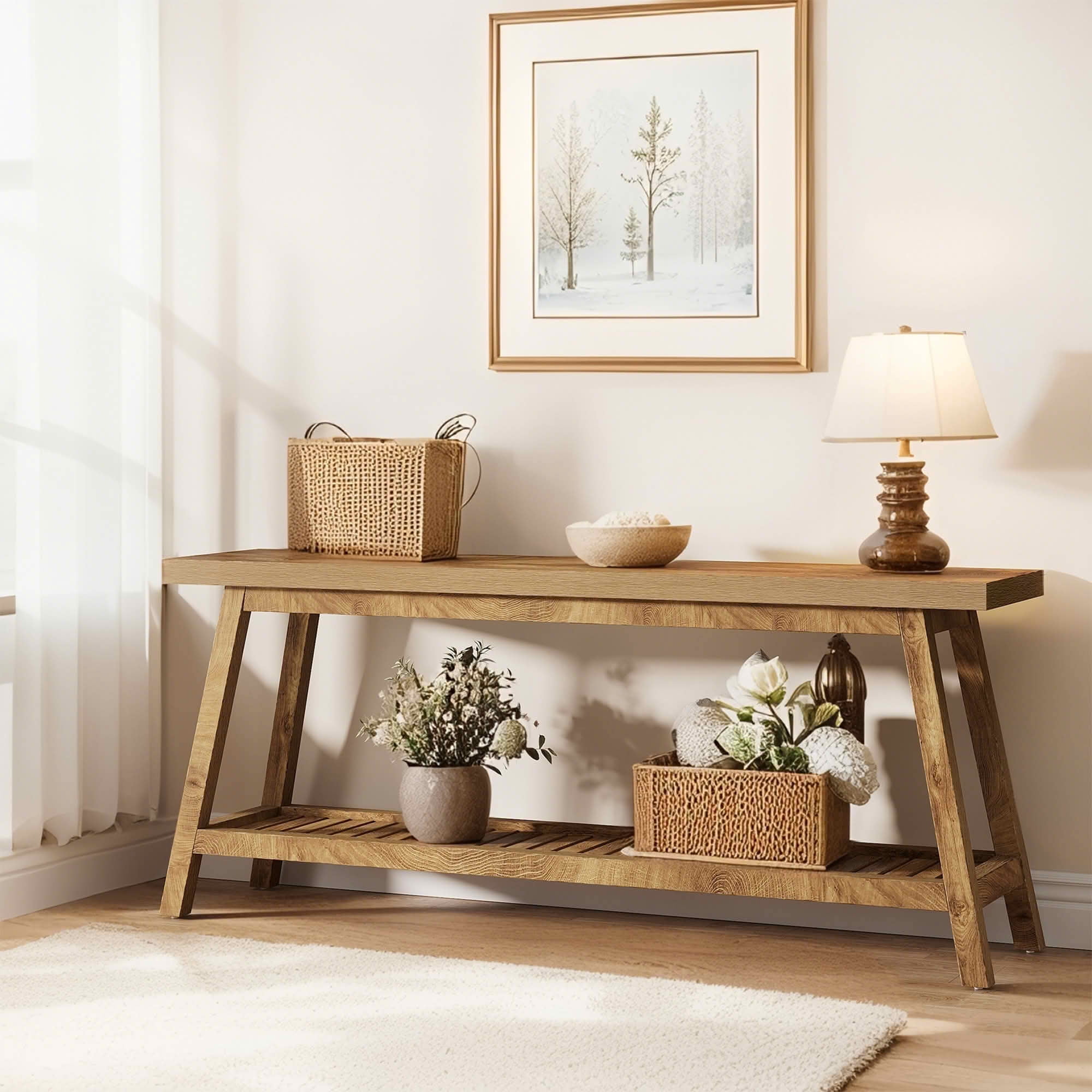MAYEERTY 70.9" Farmhouse 2-Tier Console Table, Vintage Wood Trapezoid Heavy Base Entryway Sofa Table