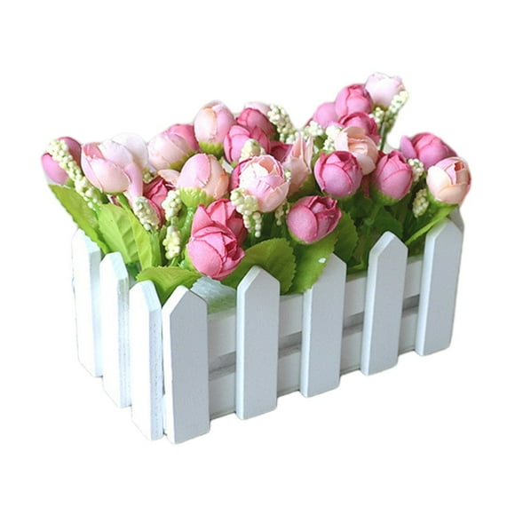 Beautiful 16CM White Wooden Fence Artificial Rose Bud Flowers for Weddings and