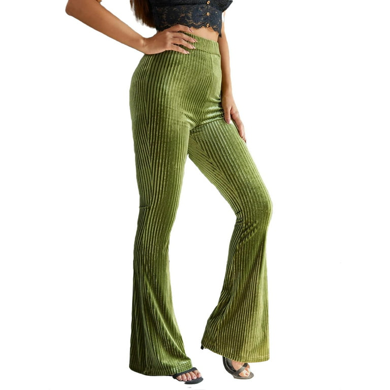 Women's Solid Flare Leg Velvet Pants Olive Green M(6) 