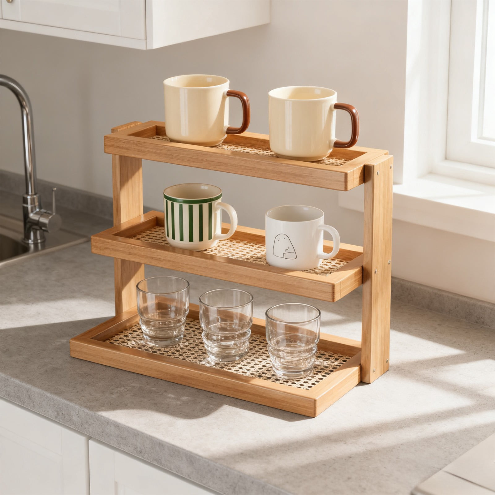 Organisateur De Tasses En Bambou 3 étages - Dimensions 58x12.5x33.5 Cm - Pour 12 Tasses - Cuisine, Bureau, Salon - 8