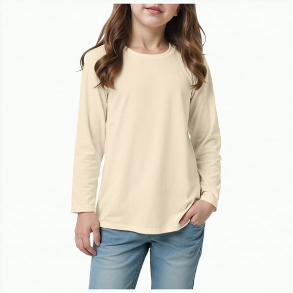 eczipvz Girls Shirts Size 10-12 Girls Long Sleeve Shirts Kids Textured Crewneck Tops Casual Cute Blouse(Beige,3-4 Years)