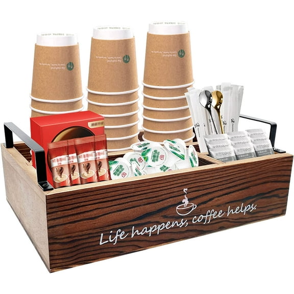 Ismosm Coffee Pods Holder with Handles Real Wood Coffee Pods Storage Caddy Paper Cup Holder Farmhouse Coffee Bar Accessories and Organizer Coffee Bar Decor for Home Kitchen Countertop, Office, Cafe, B