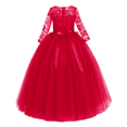 thumbnail image 3 of IBTOM CASTLE Flower Girls Long Floral Boho Lace Wedding Bridesmaid Dress 3/4 Sleeves Princess Puffy Maxi Tulle Pageant Formal Party Gowns 5-6 Years Red, 3 of 8