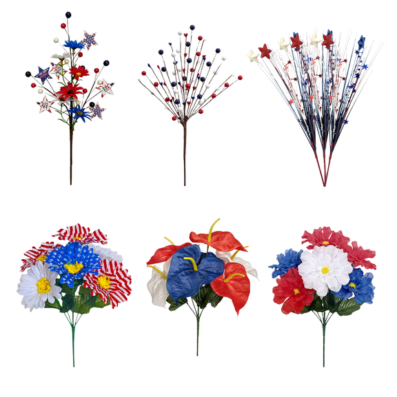 dajkiuy Artificial Flower Patriotic Memorial Bouquet, Red White and Blue Fake Flowers for Table Centerpiece Independence Day Home Decor