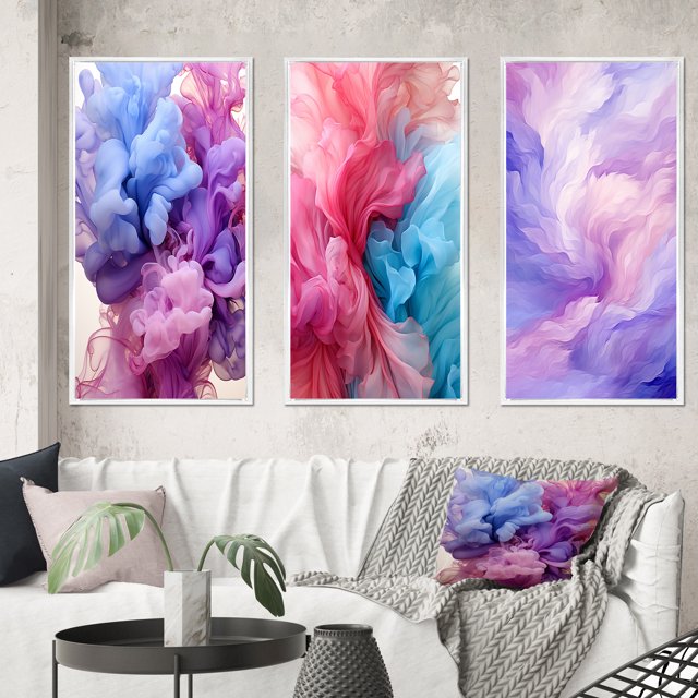 Designart "Red Blue Ink Waves Pure Abstraction III" Abstract Liquid Ink Framed Wall Art Set Of 3 - Purple Modern Frame Gallery Set For Office Decor
