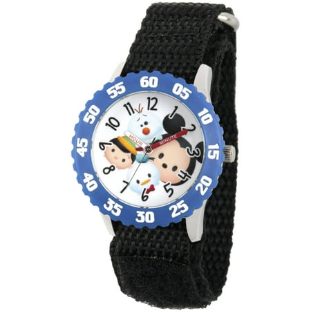 Disney Tsum Tsum Olaf, Pinocchio, Donald Duck and Mickey Mouse Boys' Stainless Steel Time Teacher Watch, Blue Bezel, Black Hook-and-Loop Nylon Strap
