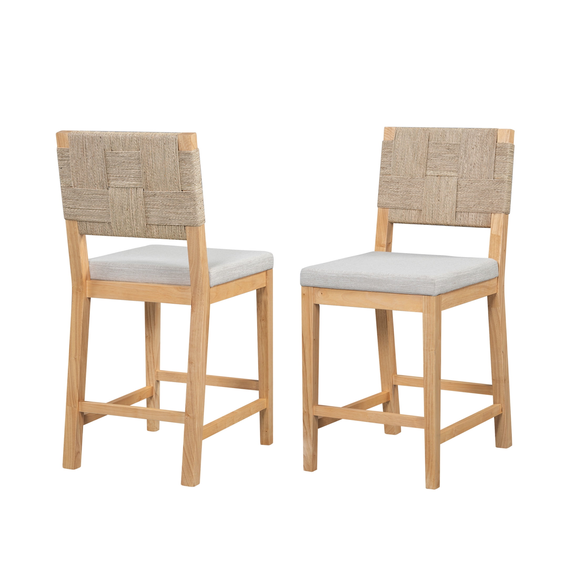 Christopher Knight Home 24.25" Counter Height Bar Stools, Wood Frame, Woven Rattan Back, Natural+Gray, Set of 2