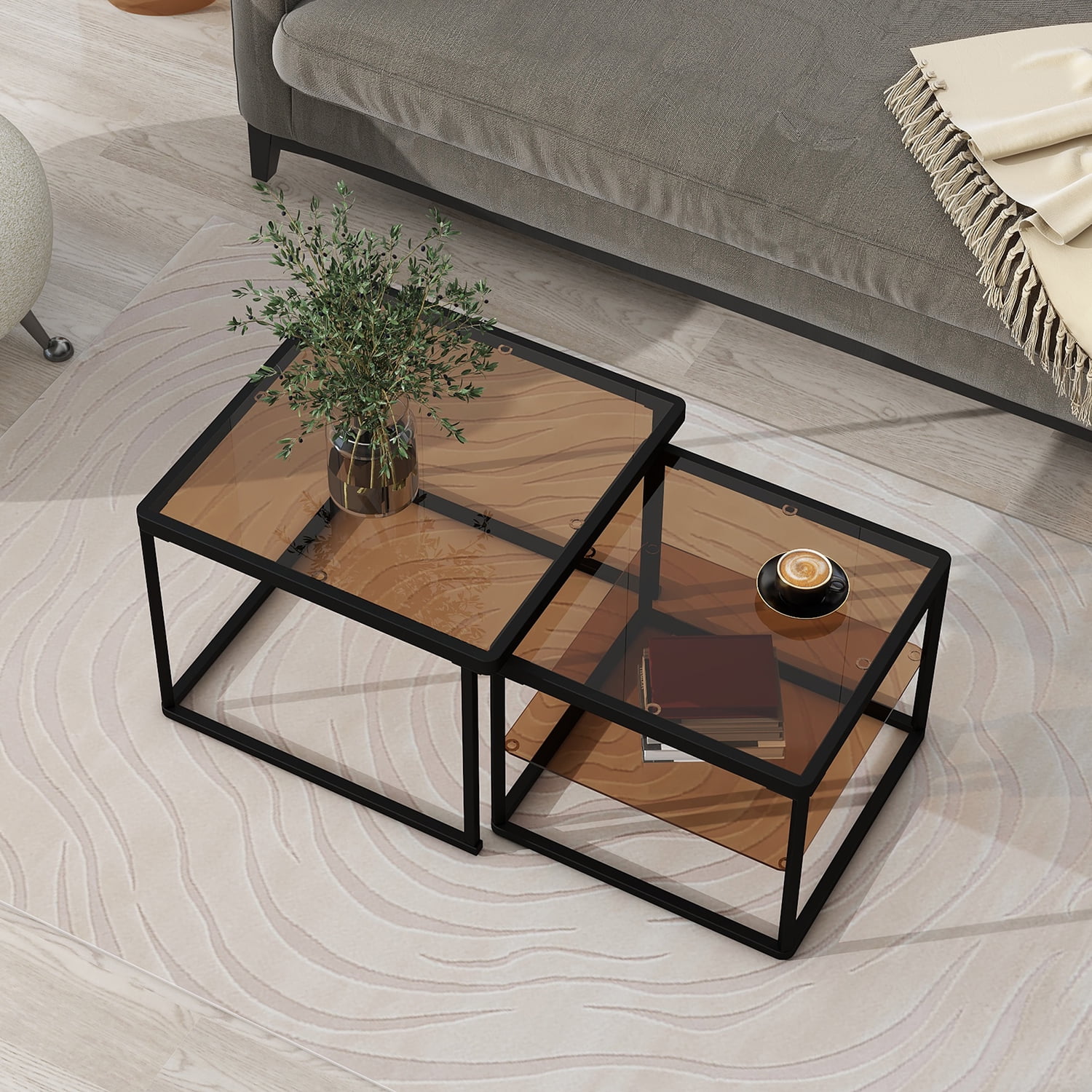 Kadyn Nested Coffee Table Set, Tea Table with Metal Frame, Tempered Glass Sofa Center Table, Black Kadyn Nested Coffee Table Set, Tea Table with Metal Frame, Tempered Glass Sofa Center Table, Black