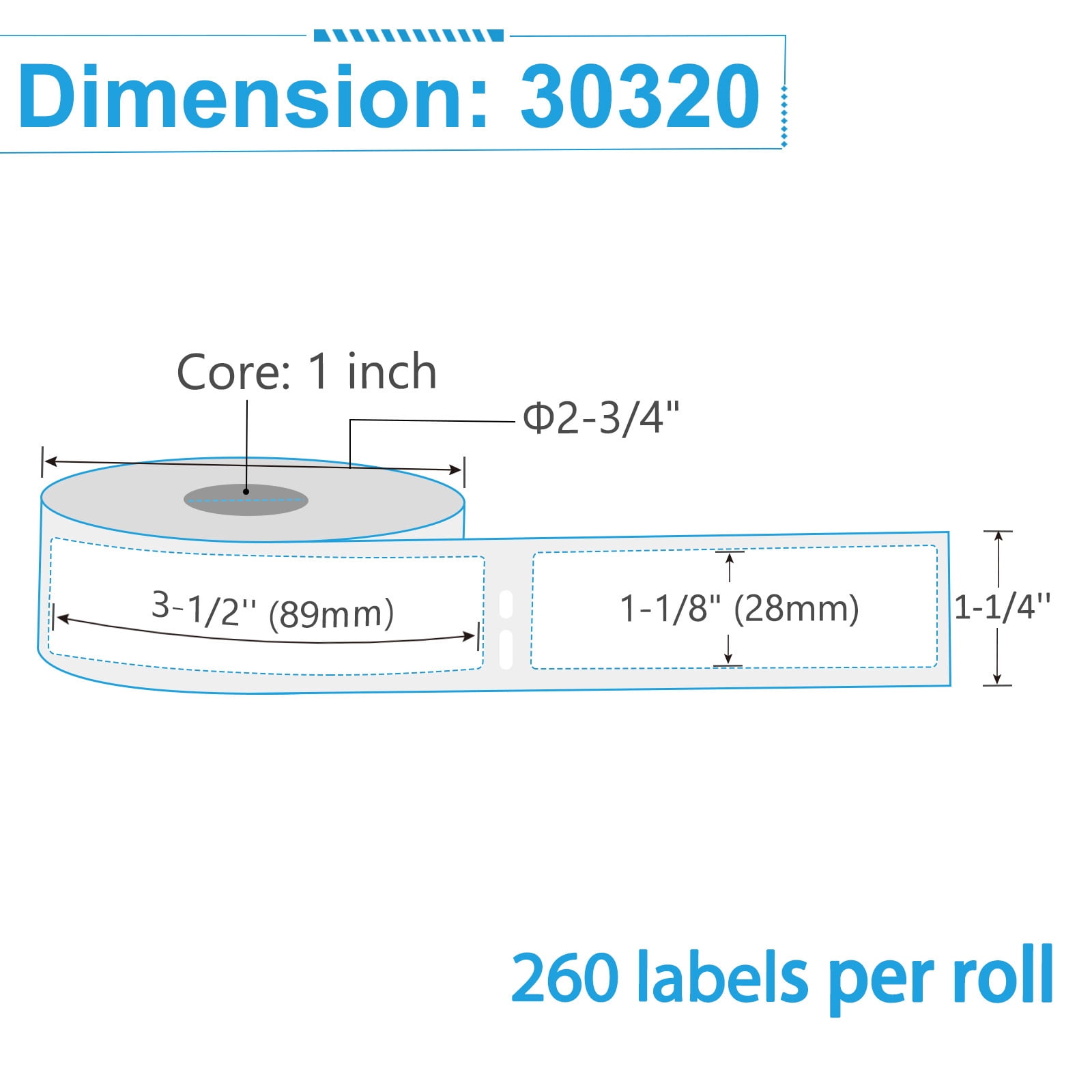 NineLeaf 6 Rolls Compatible for DYMO 30320 1-1/8 in x 3-1/2 in Shipping Address Barcode Mailing Direct Thermal Labels, 260 Labels Per Roll