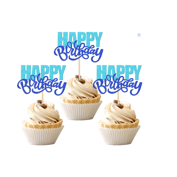 Happy Birthday Cupcake Toppers, Blue Glitter, Double Layer, 10 Pack, for Kids Boys Girls Birthday, Baby Shower, Anniversary Party Decorations