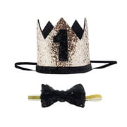 Perktail Cute Pet Birthday Crown Hat and Bow tie Collar Set for Dog Cat Birthday Party Supplies (Gold-Black-1)