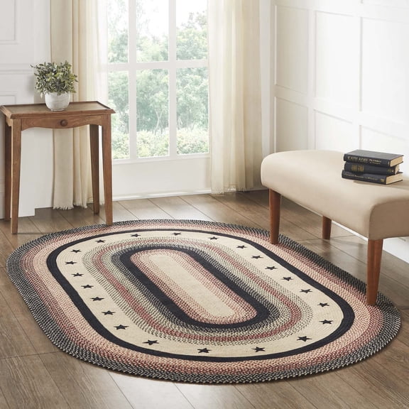 VHC Brands Colonial Star Rug with PVC Pad, Jute Blend, Oval, Tan Black Red, 60x96 inches