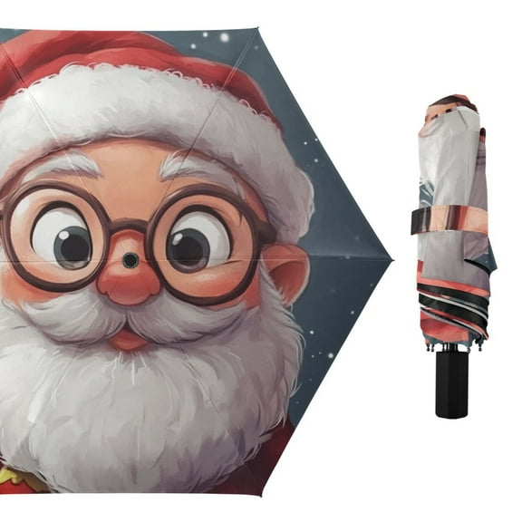 Cute Santa with Glasses All Weather Umbrella Triple Folding Parasol 6 Ribs UV Protection Portable
