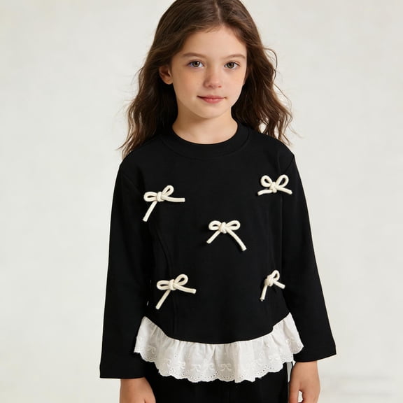 Girls Peplum Top Long Sleeve with 3D Bows and Lace Trim, Soft Cotton Blend Casual Shirt for Kids,Size 3-4 T