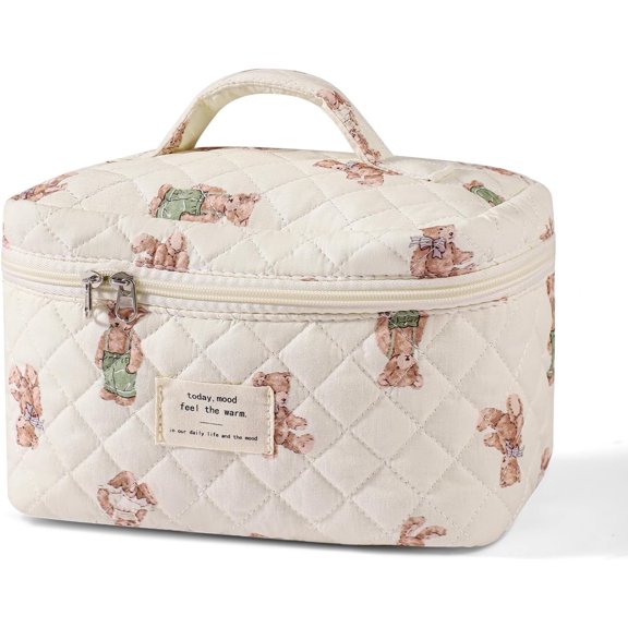 Large Travel Quilted Makeup Bag for Women Floral Cotton Cosmetic Bag Coquette Aesthetic Toiletry Organizer Bag Light Blue Flower-03white-