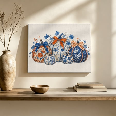 Blue Floral Pumpkins Canvas Wall Art Thanksgiving Orange Bows Blue Leaf Linen Texture Wall Art Prints Artwork Framed Canvas Ready to Hang Art Pictures for Living Dining Room Bedroom Hallway 30 x20