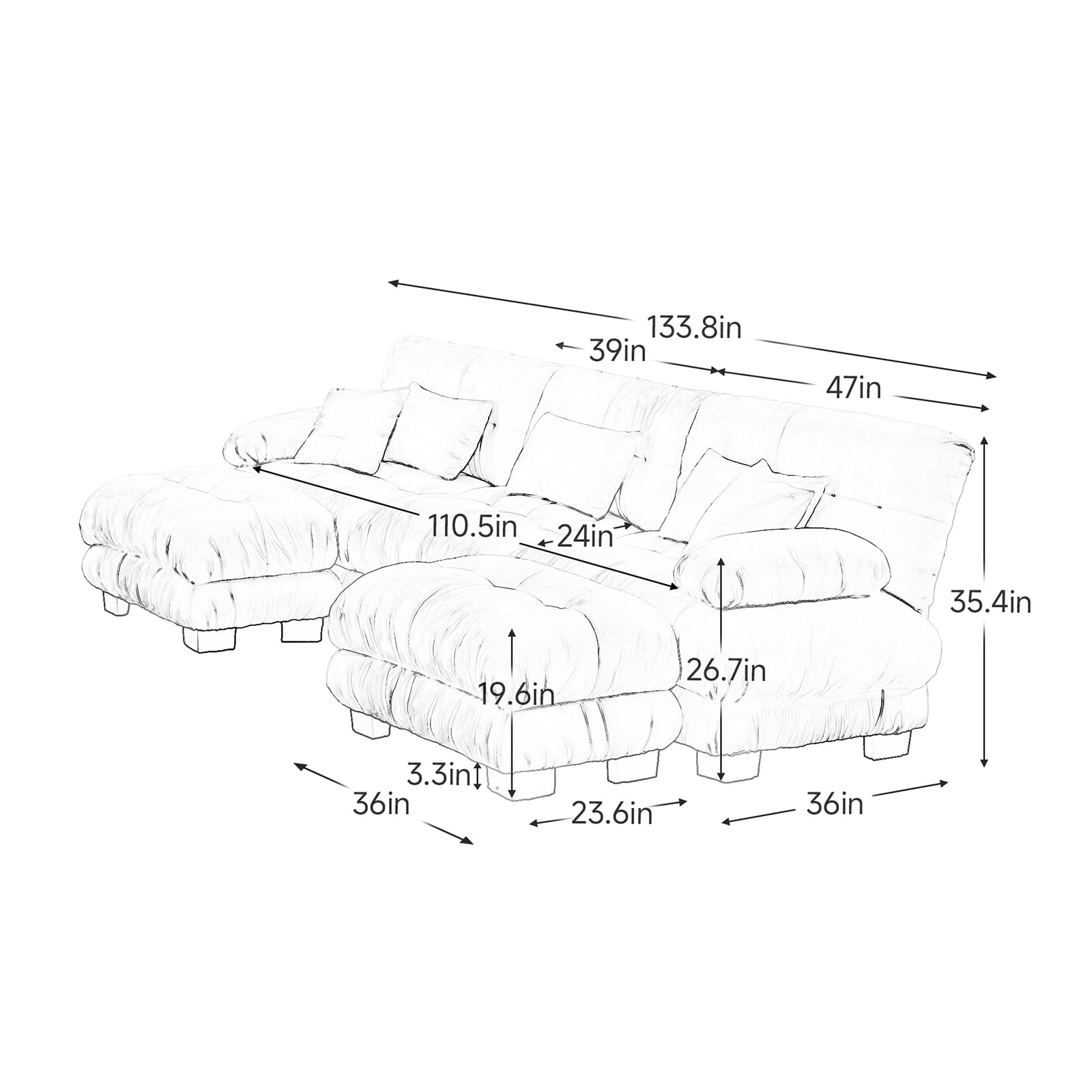 133.8" Oversized Couch, 3 Seater Modular Sectional Sofa, Blue Large U Shaped Sectional Couches for Living Room, Fluffy Chenille Fabric Cloud Couch with Ottoman, Deep Seat Sofas