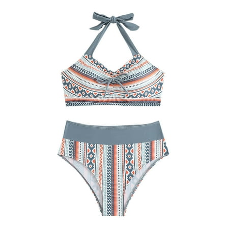 ZQGJB Womens High Waisted Swimsuits with Boy Shorts Summer Tropical Printed Brazilian Triangle Top Stripes Halter Bikini Two Piece Bathing Suits(Gray XXL)