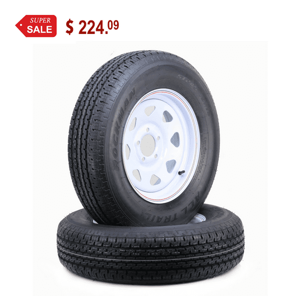 ROCKMAN Trailer Tire Wheel Assembly ST205/75R15 8-Ply D 107M 5 Lug on 4.5" PCD White Spoke Rim,SET 2