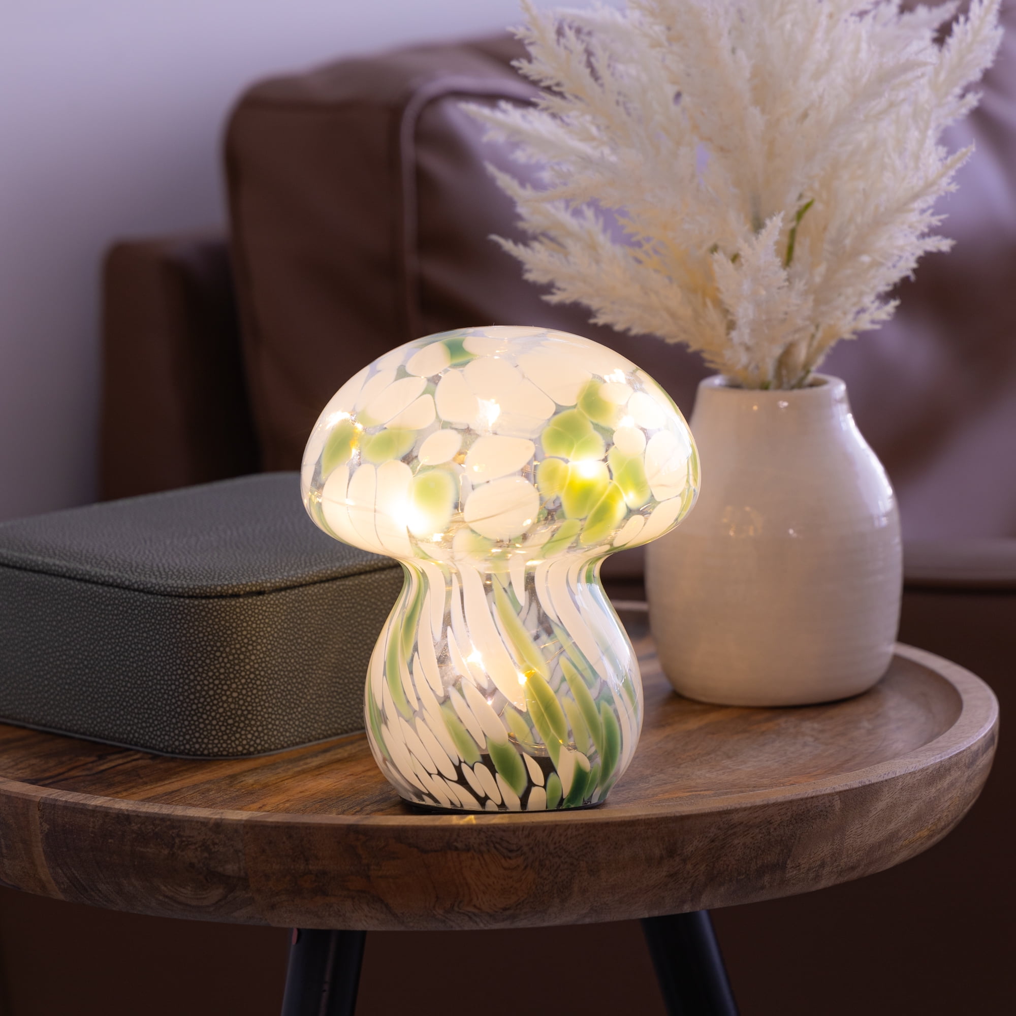 BrightSide Mushroom Confetti Glass Lamp - Sage/White, Battery-Powered Fairy Lights