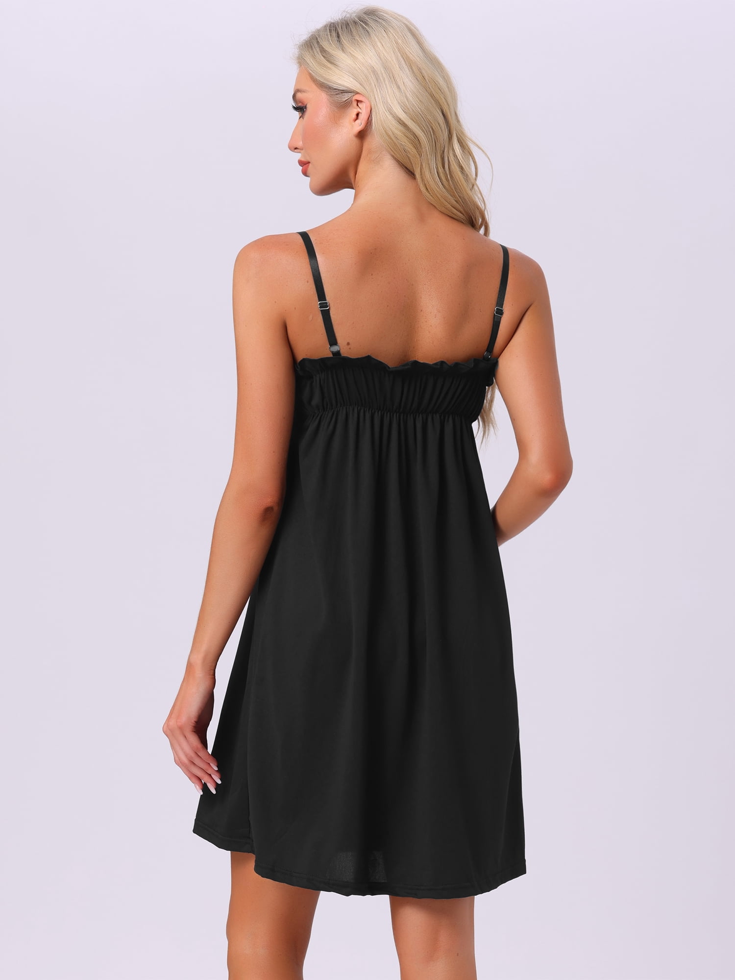 DARING DIVA Women's Ruffle Sleeveless V Neck Nightgown Chemise Loungewear M Black