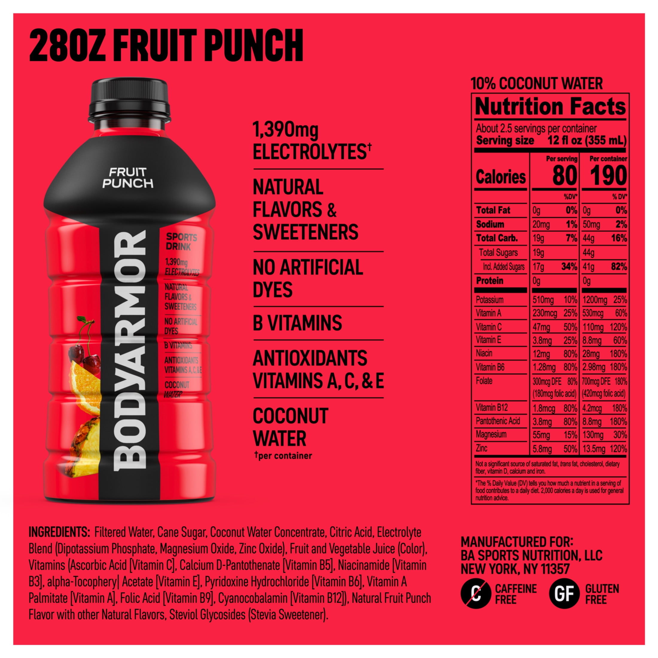 BODYARMOR Fruit Punch Electrolyte Sports Drink Bottle, 28 fl oz