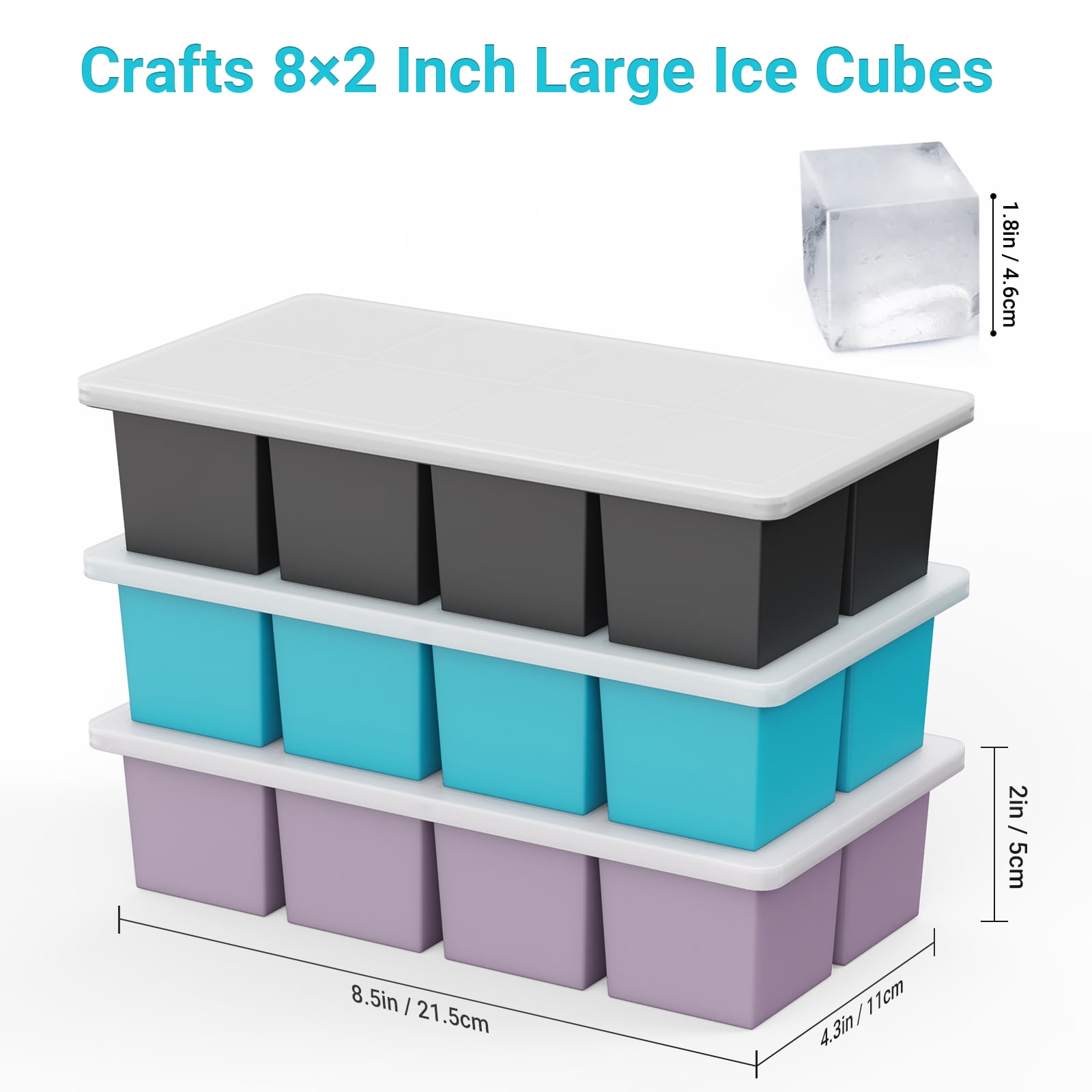 TINANA Ice Cube Tray with Lid: 3 Pack Large Silicone Ice Tray Molds for Freezer, BPA Free, Big Square Ice Cube for Whiskey, Cocktails, Baby Food, Juices-Gray&Blue&Purple