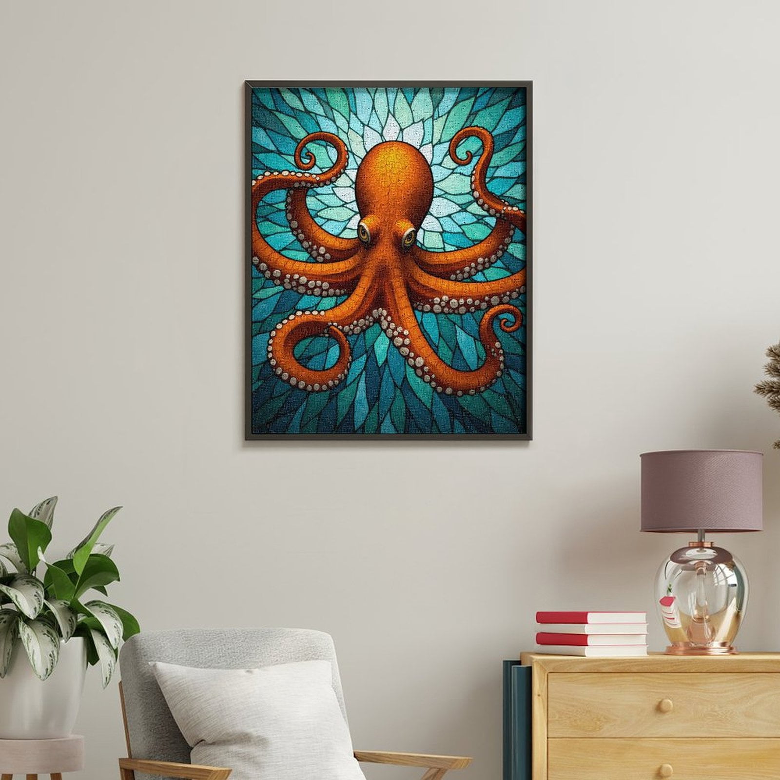 Paint by Numbers Kit for Adults, Orange Octopus Blue Mosaic Ocean Paint by Numbers, Easy Paint by Numbers Kit for Adults Beginner, DIY Adult Paint by Number Kits on Canvas, Home Decor
