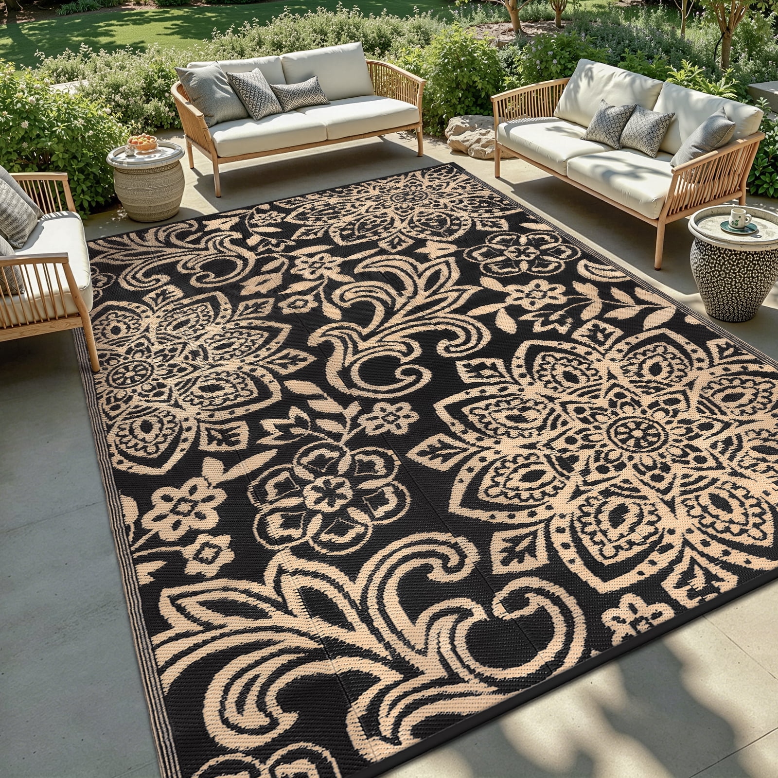 MJIAexp 6' x 9' Outdoor Rugs for Patio, Curved Geometric UV-Coated Waterproof RV Outdoor Rug, Reversible Plastic Straw Camping Rug Floor Mat for Backyard, Porch, Deck, Picnic, Beach Black-Gold